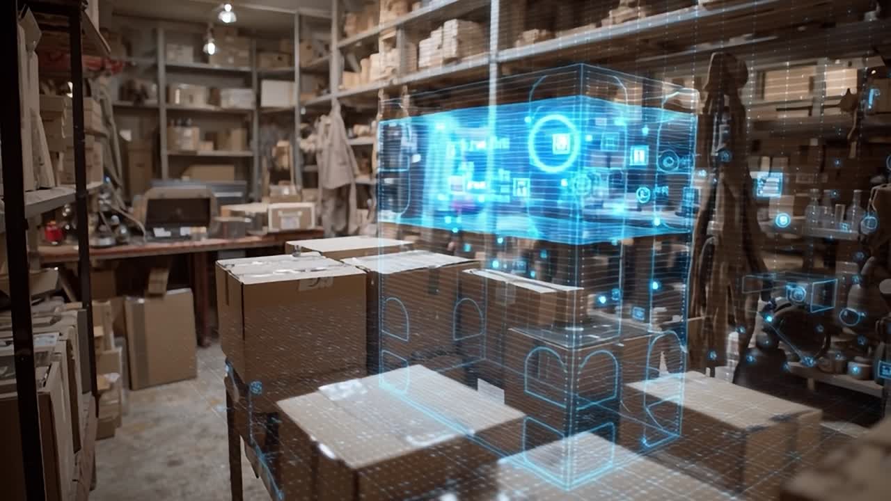 Digital interface displayed in a storage room with packaging supplies