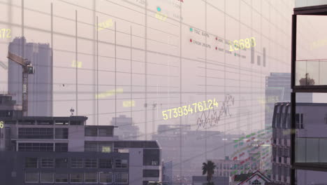 animation of financial data processing over cityscape