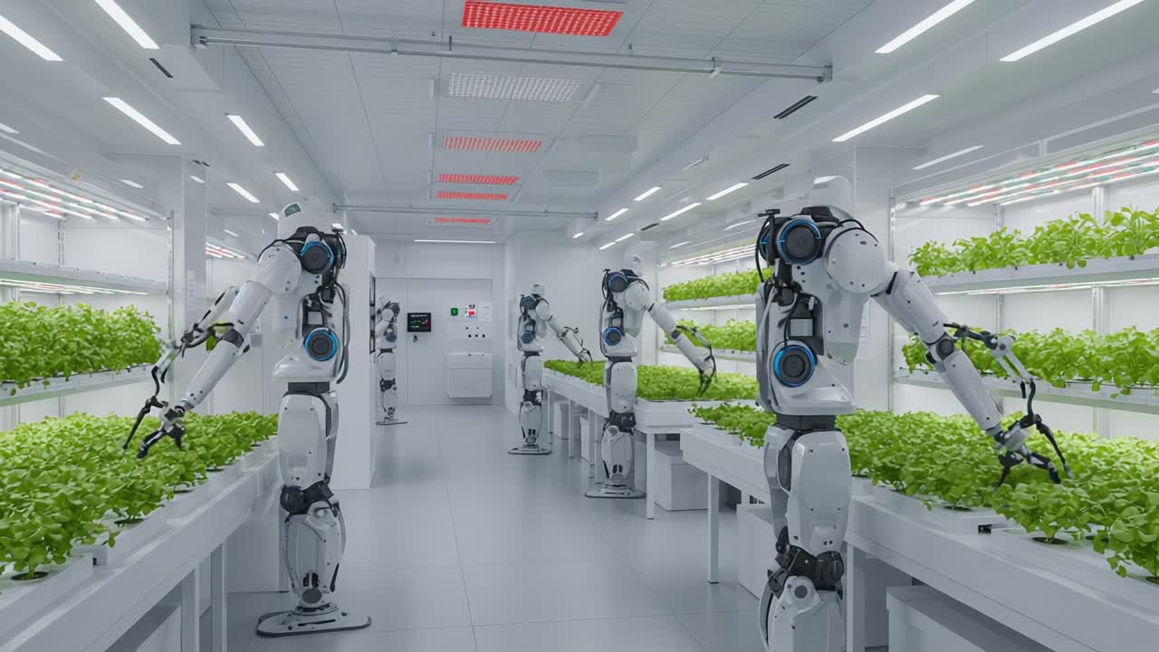 A Futuristic Farming Facility Featuring Advanced Robots Cultivating Lush Green Lettuce in a High-Tech Indoor Environment to Enhance Agriculture Efficiency and Sustainability