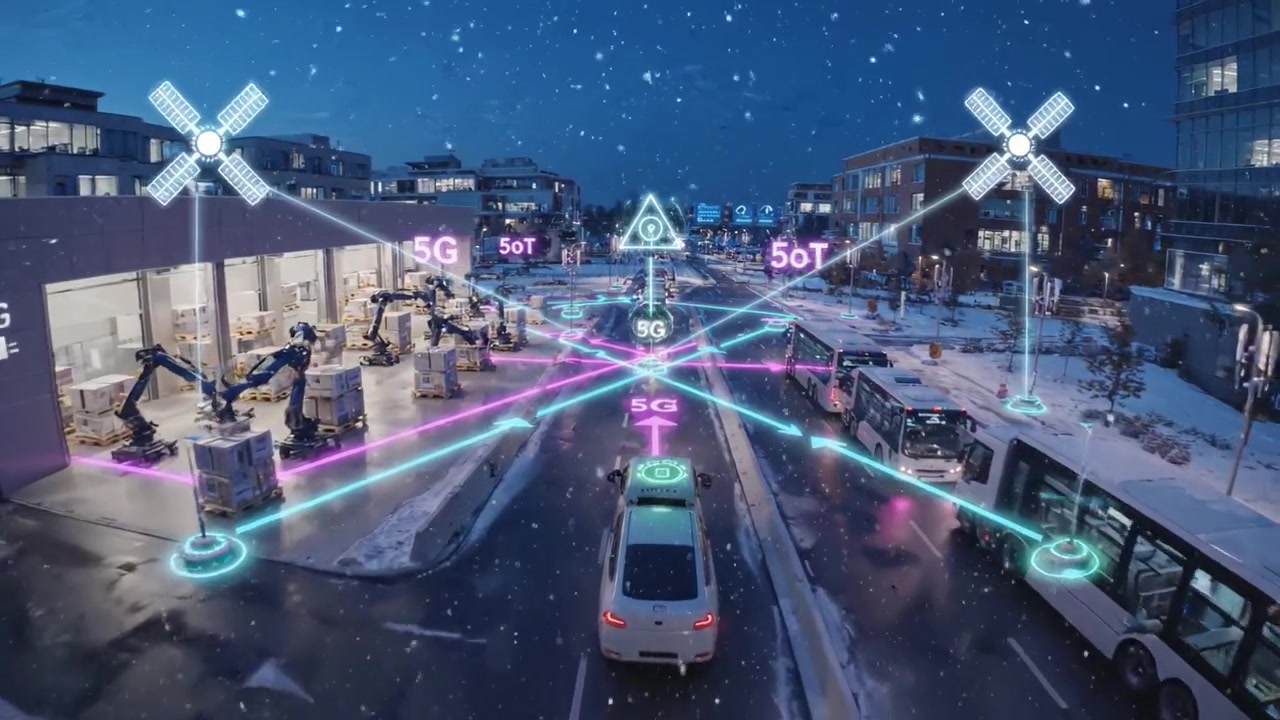Huipputeknologinen talvi-iltanäkymä, joka esittelee futuristista kaupunki-infrastruktuuria lumen, liikenteen ja edistyksellisen teknologian, kuten 5G-verkkojen ja robottiautomaation, ollessa toiminnassa
