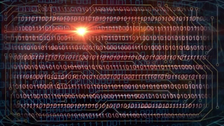 Animation of light trails and computer circuit board over data processing