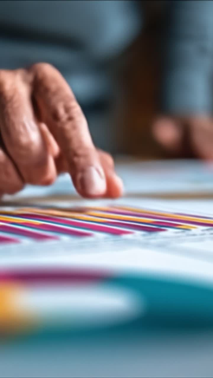 Focused Analysis of Colorful Data Patterns as a Hand Examines Statistical Charts and Graphs on a Table, Signifying Insight and Investigation
