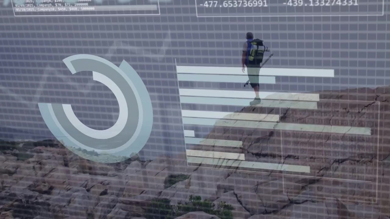 Hiker walking ridge, movement causing HUD updating pie chart, analytics and graphs analysing route