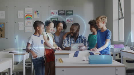 male teacher showing tablet while children leaning in, with animated learning icons in education