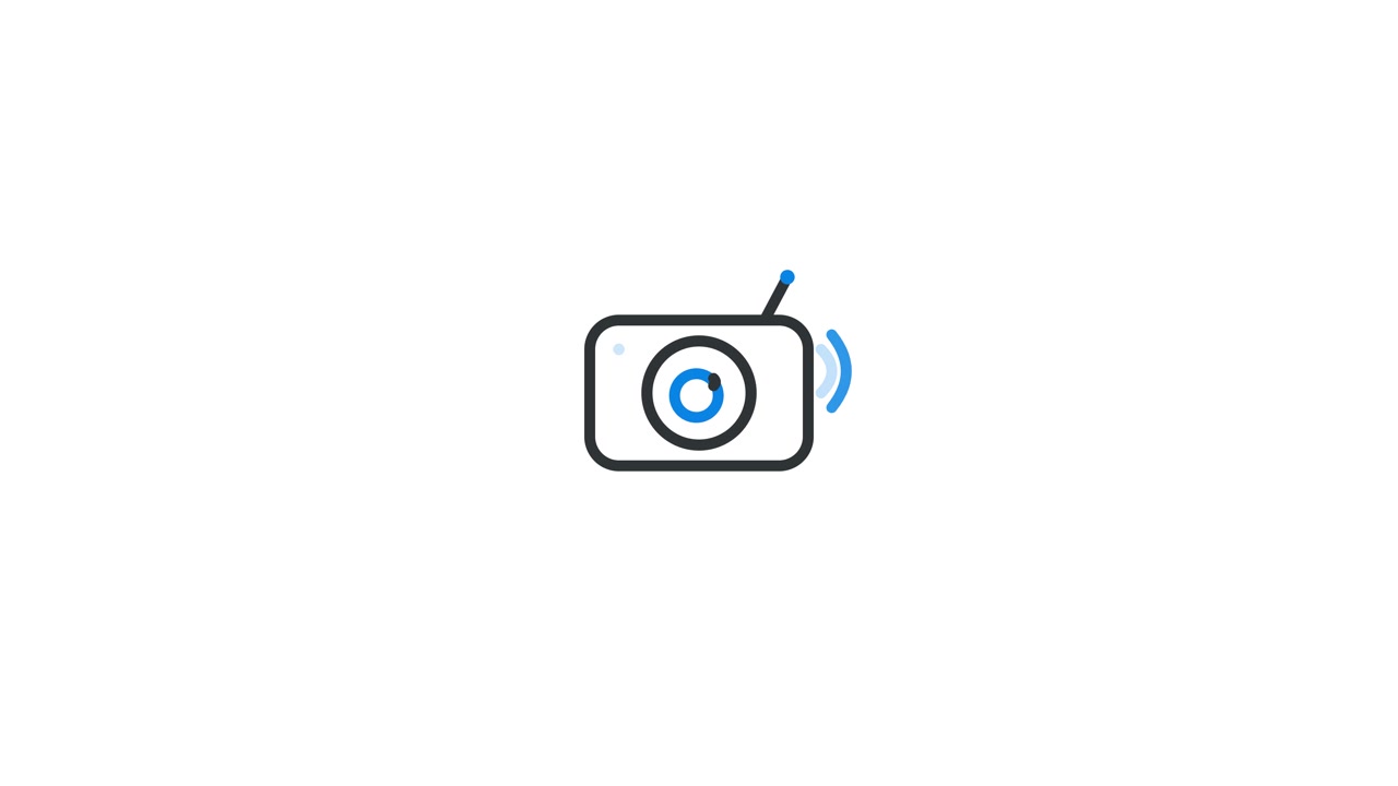 Animated Camera Icon with Signal Waves on White Background