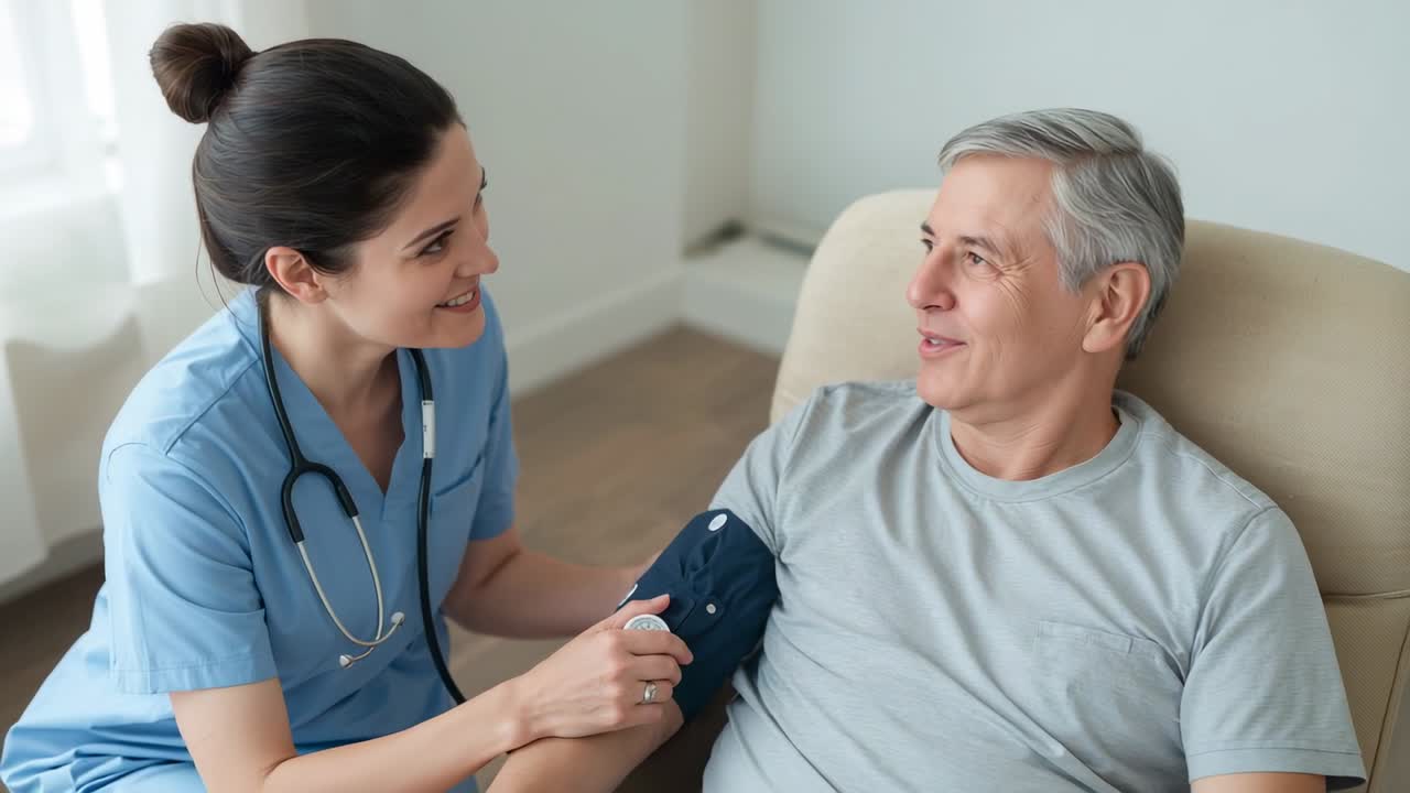 Arriving for home checkup nurse in scrubs wrapping pressure cuff on patient's arm, reading gauge