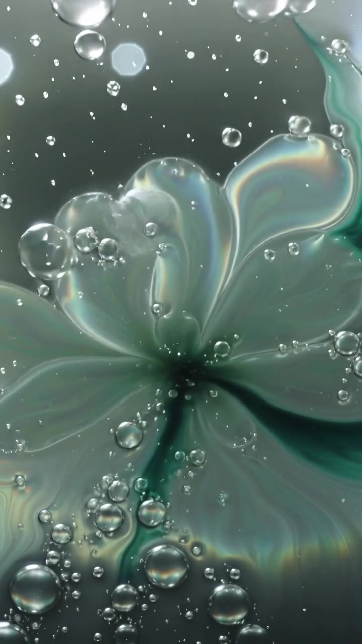 Video verticale: La telecamera si sposta, mostrando un fiore perlato che galleggia in un barattolo, con bolle che salgono per spinta idrostatica.
