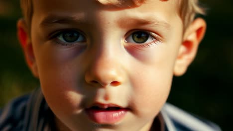 a close-up portrait of a young boy with green eyes and blonde hair.