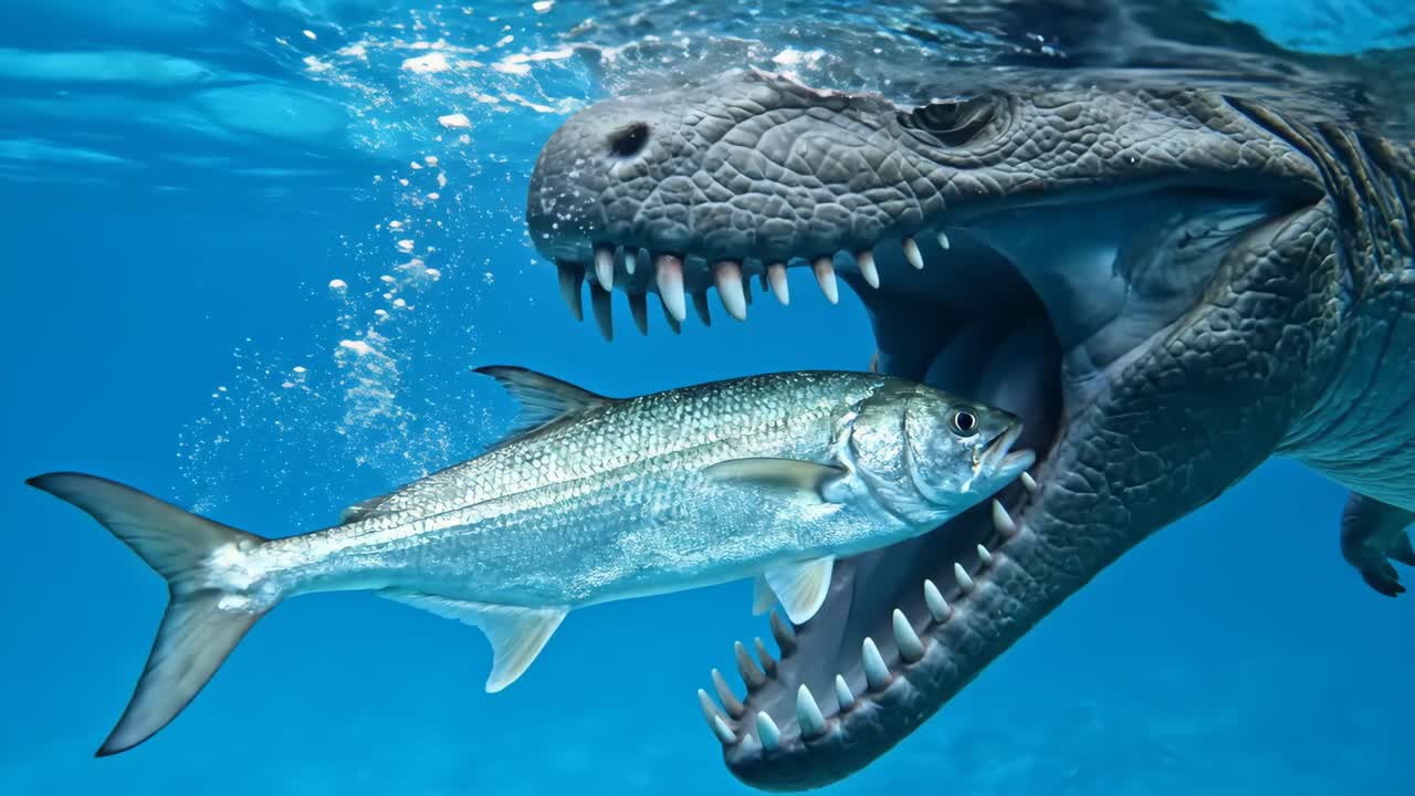 Dinosaur eating a fish underwater