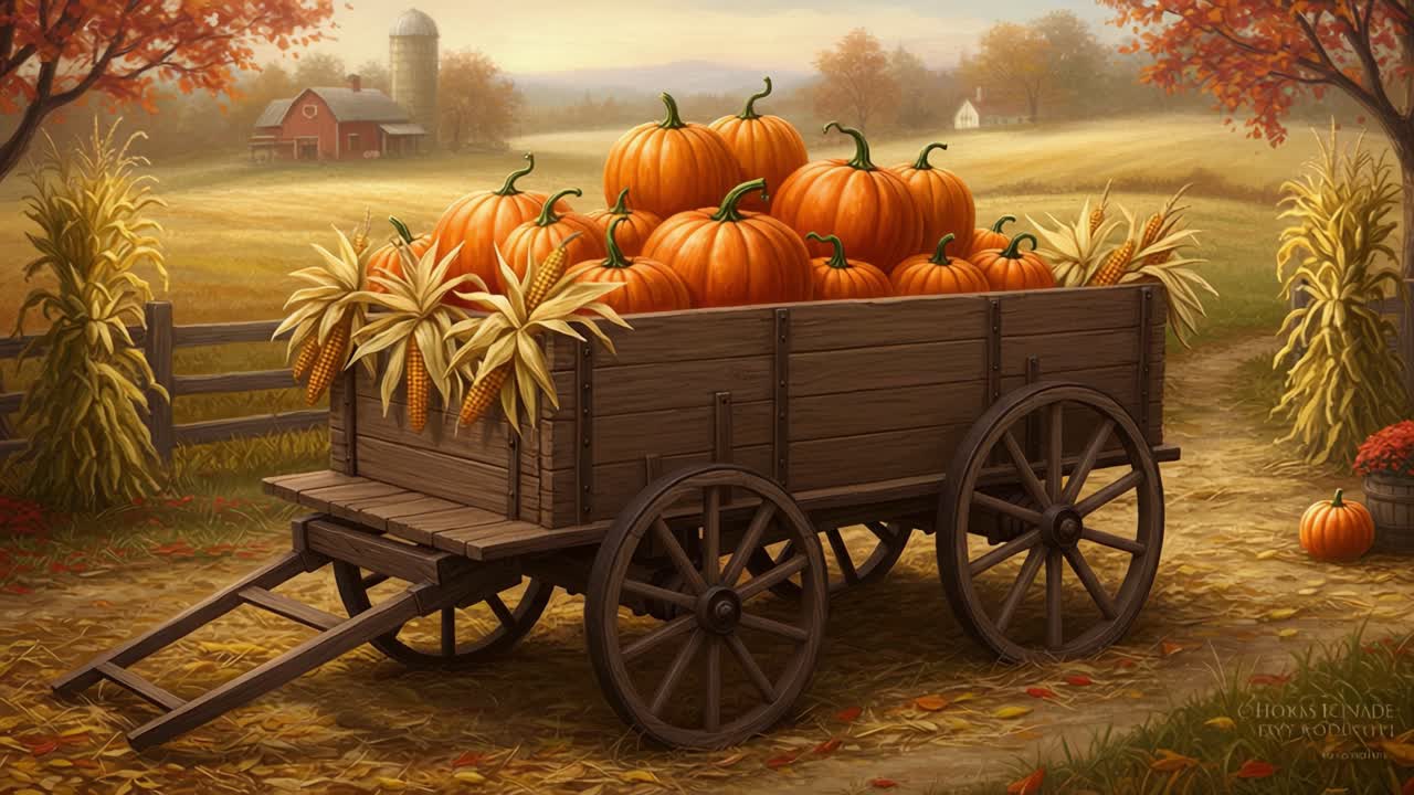 A vibrant autumn scene featuring a wooden wagon overflowing with bright pumpkins, set against a picturesque farm landscape with fields and rustic barn in the background