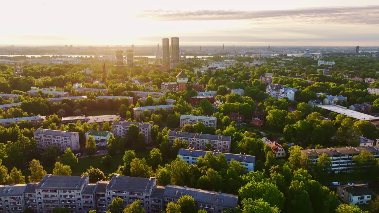 Early golden hour transforms cityscape with towers, rooftops, dense tree canopy