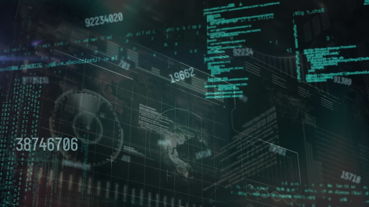 Animation of changing numbers, radars over computer language, graphs, globe on black background