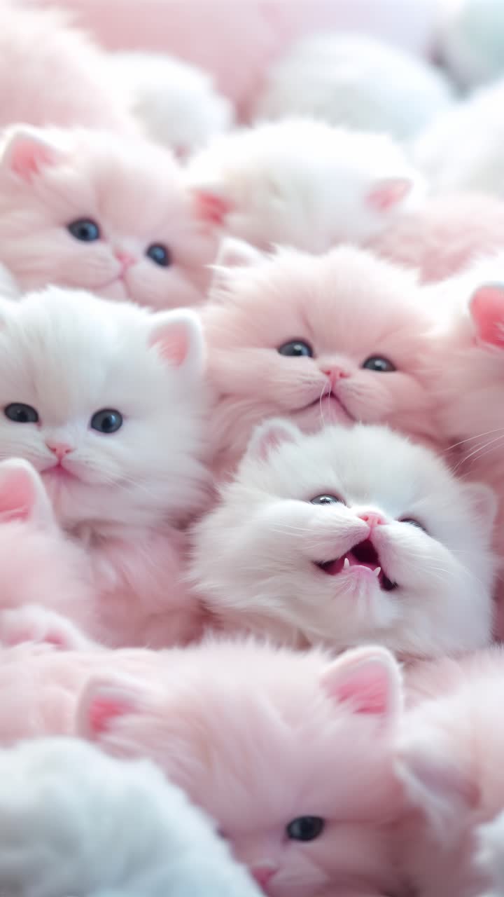 Close-up video shot of fluffy pink and white kittens, capturing their playful and adorable