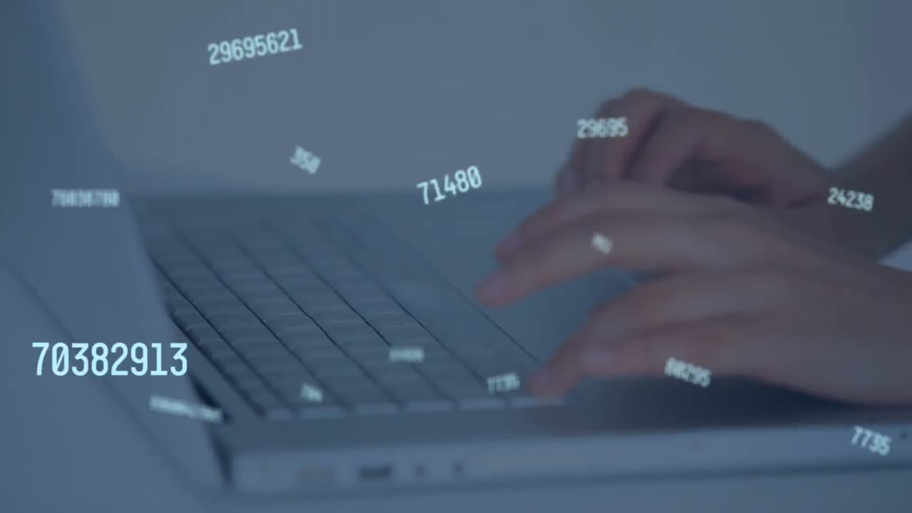 Animation of numbers changing over woman using laptop
