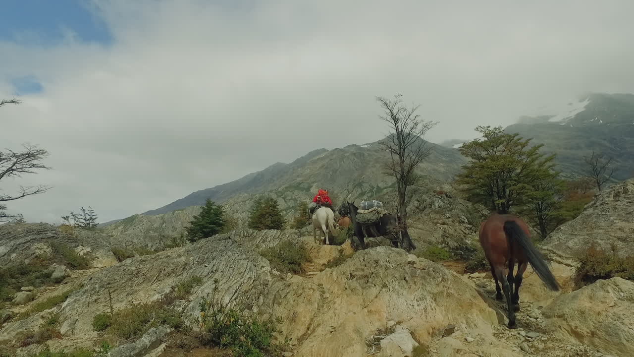 Person on horseback leads other horses up a rocky mountain