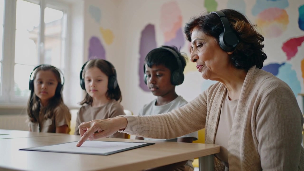 Pointing educator in beige cardigan teaching 3 kids using worksheet at school table with headphones