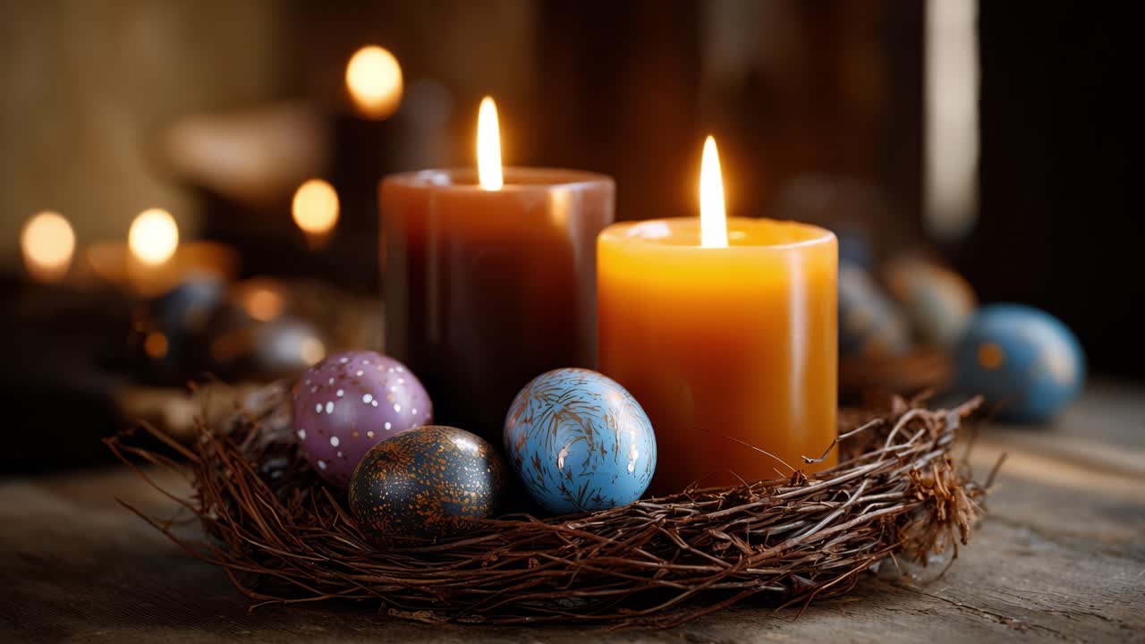 A Serenity of Colorful Eggs and Warm Candles in a Nest Display, Evoking a Cozy Atmosphere Perfect for Celebrations or Festive Gatherings with Natural Elements