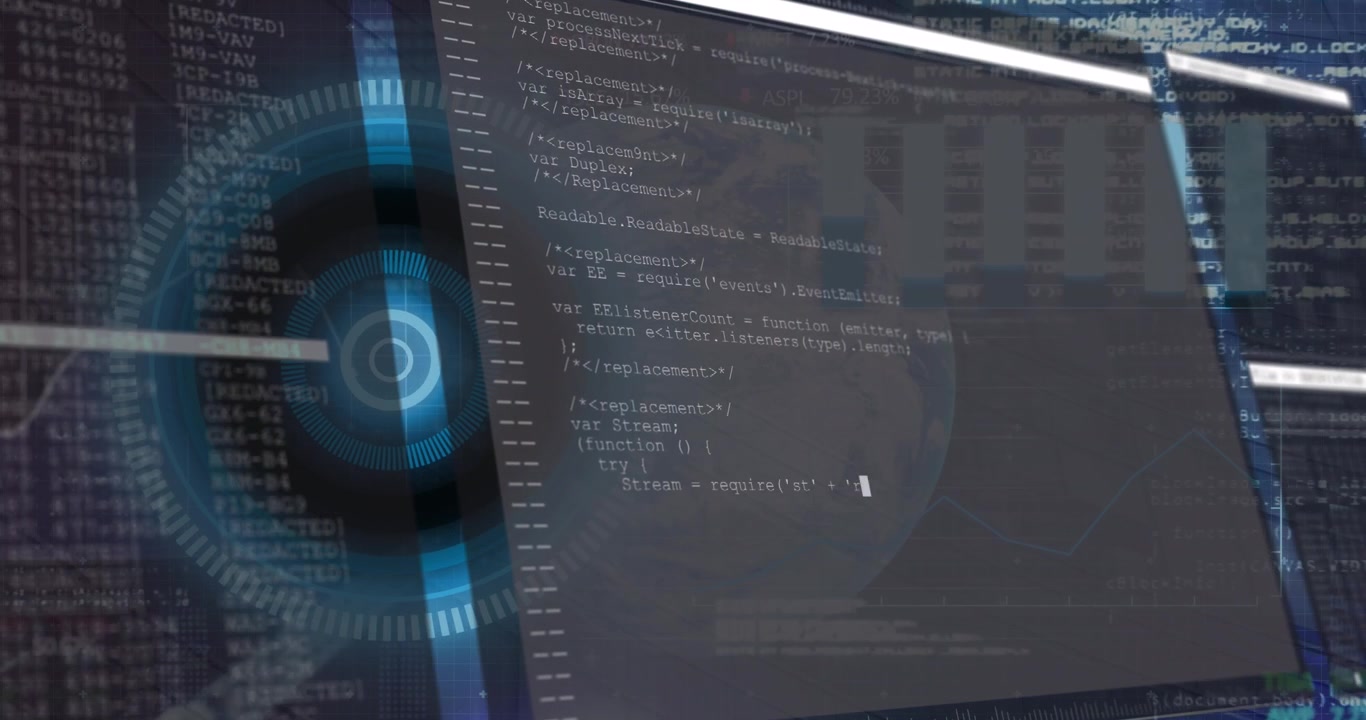 Animasjon av grensesnitt med databehandling over rund skanner og spinnende globus på blå bakgrunn