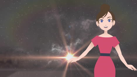 animation of illustrative talking woman and lens flares flying against cloudy sky