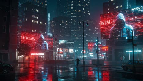 urban nightlife illuminated by digital billboards in a rainy cityscape featuring a mysterious figure