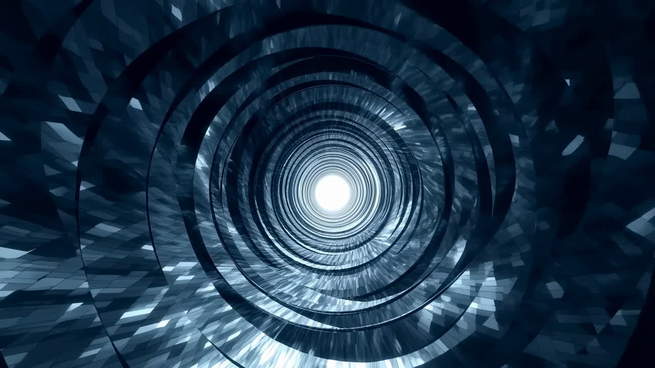 Spiral Metallic Tunnel Toward Bright Portal, Immersive Cyber Atmosphere With Rotating Rings And Crystalline