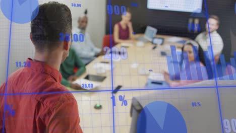 animation of statistical data processing against caucasian man giving a presentation at office