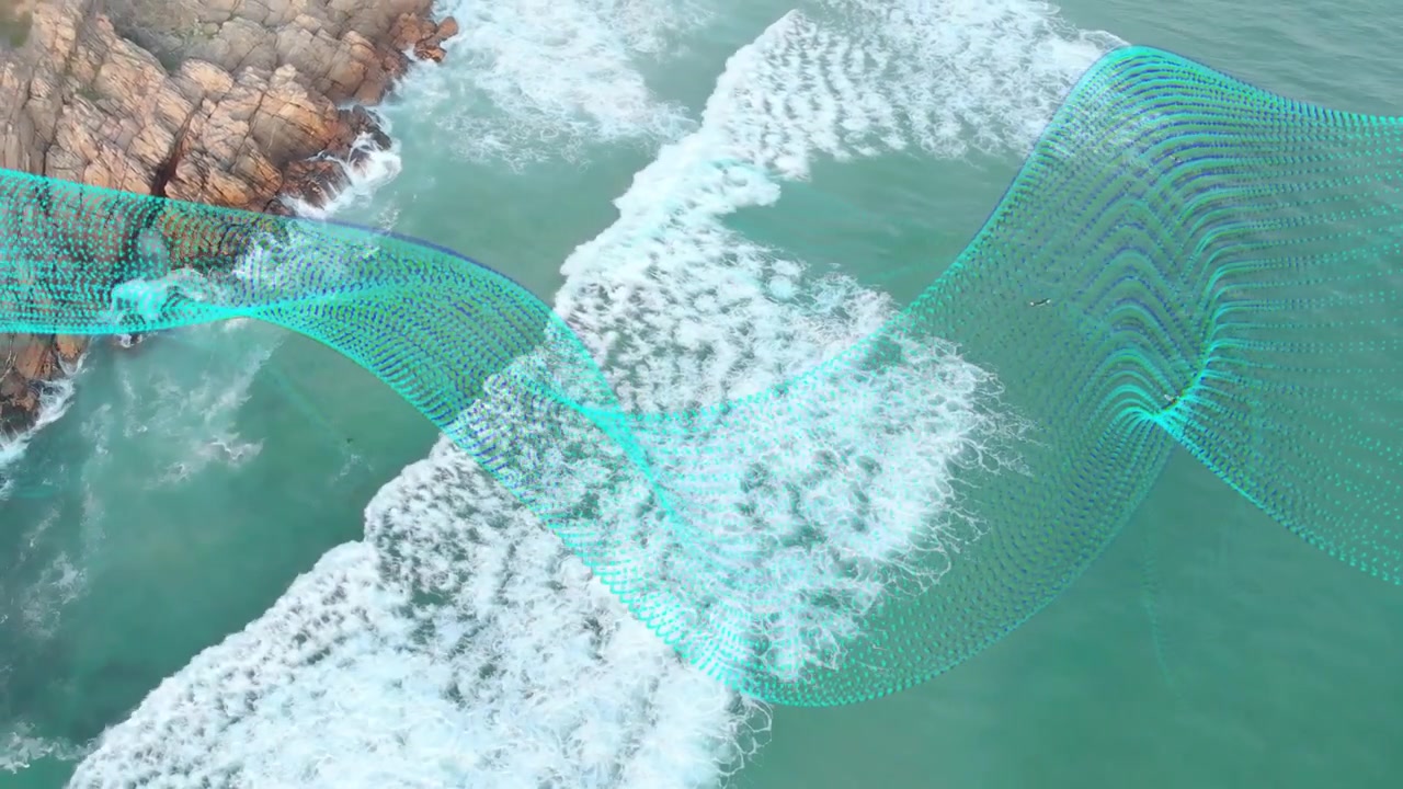 Drone panning, aqua mesh ribbon waving across breaking surf by rocky shore, mapping for marine tech