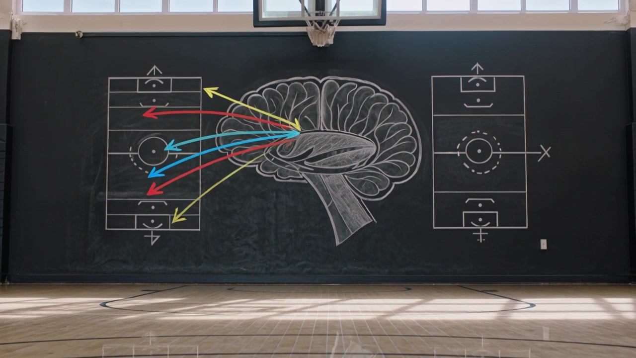 Showing board with court diagrams, blue mark appearing, arrows converging, linking courts to brain