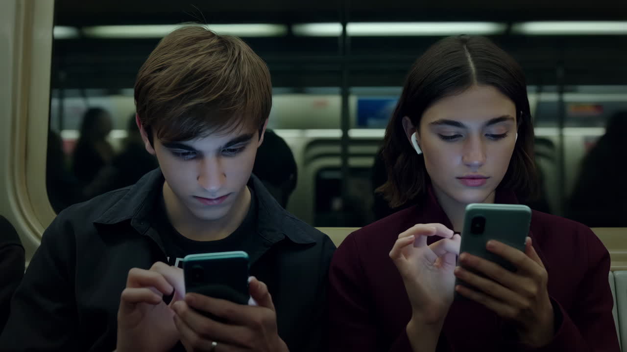 Young Adults Using Smartphones on a Subway Train