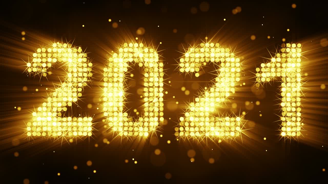 New year 2021 greetings glow yellow particles 3D render animation