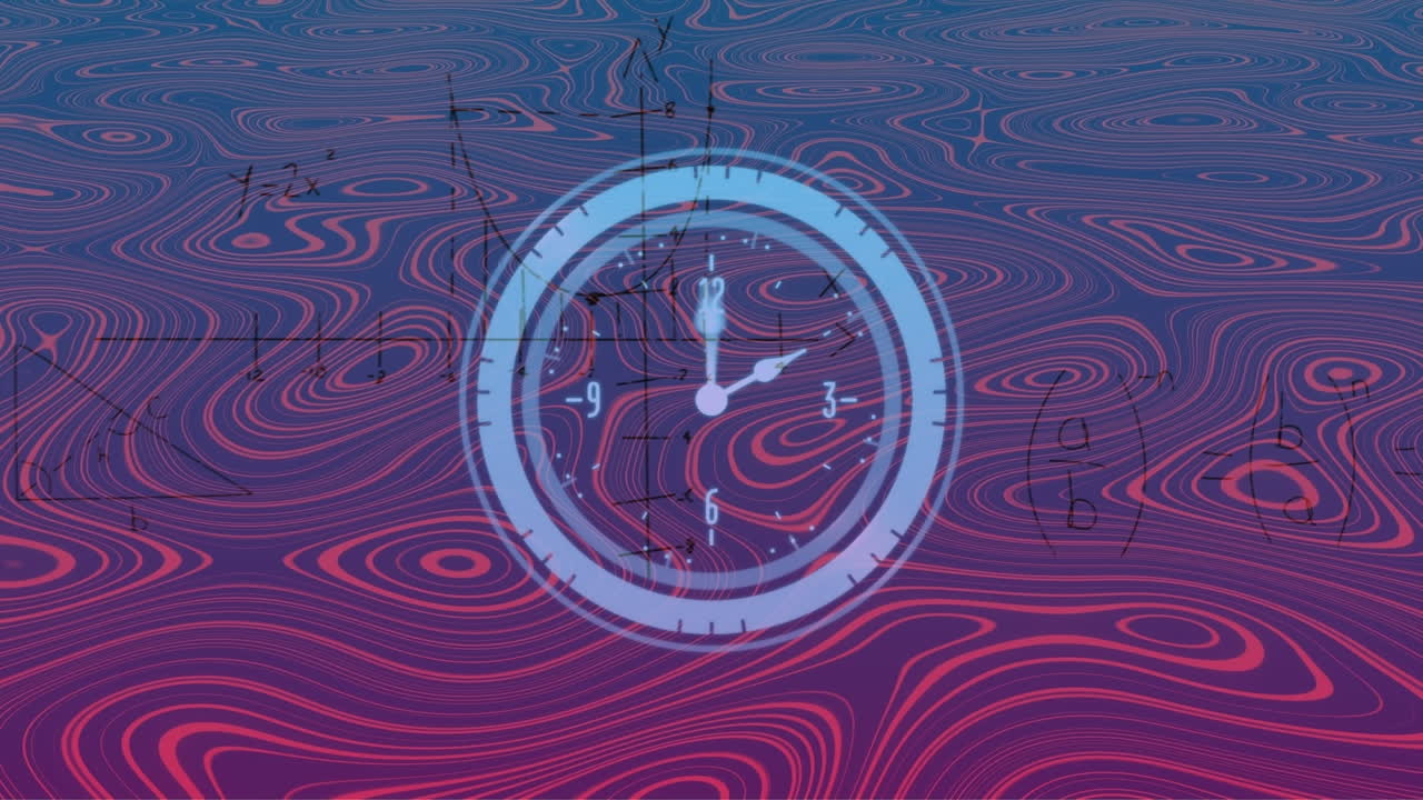 animación de reloj, fórmulas matemáticas y fondo con ondas violetas y rosas