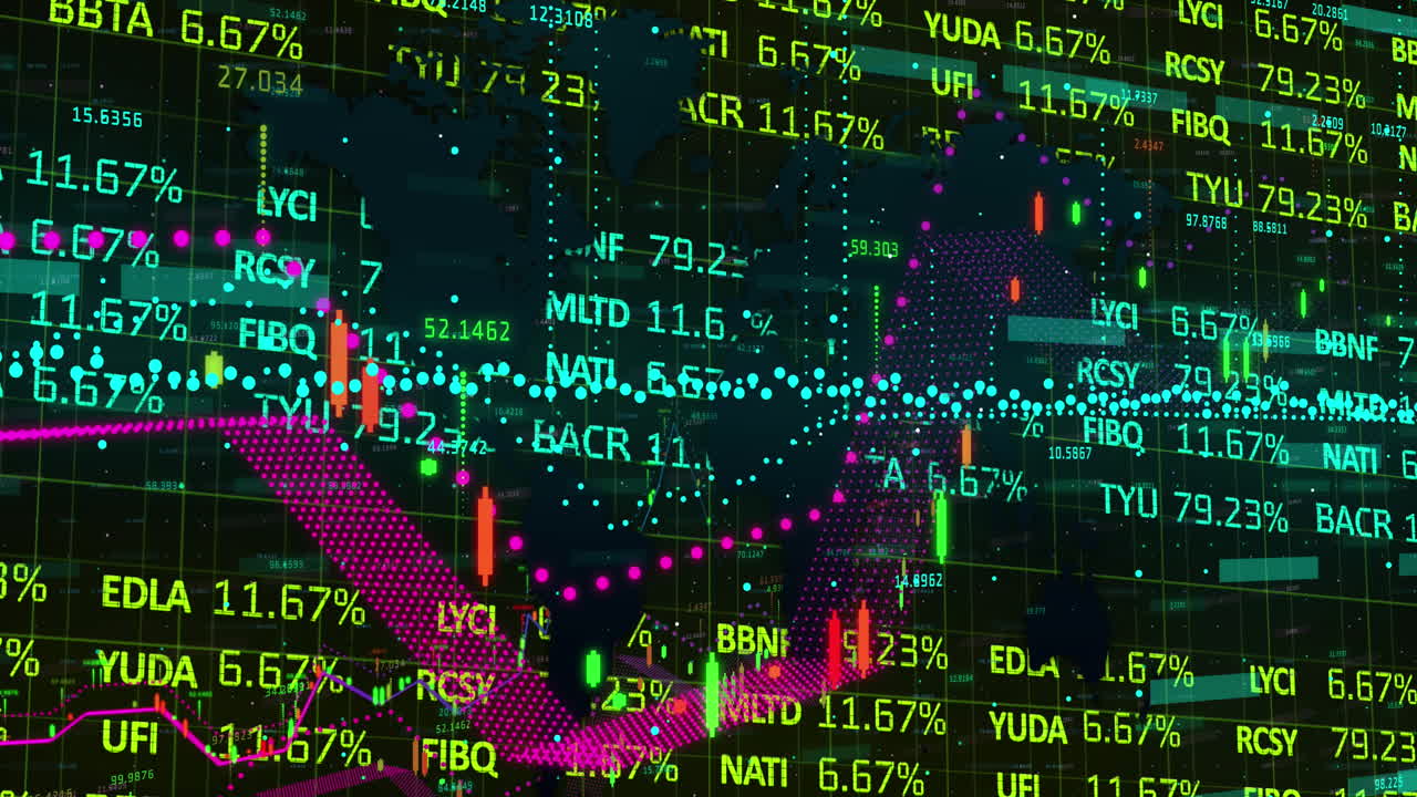 animación del procesamiento de datos y el mercado de valores sobre el mapa del mundo en fondo negro