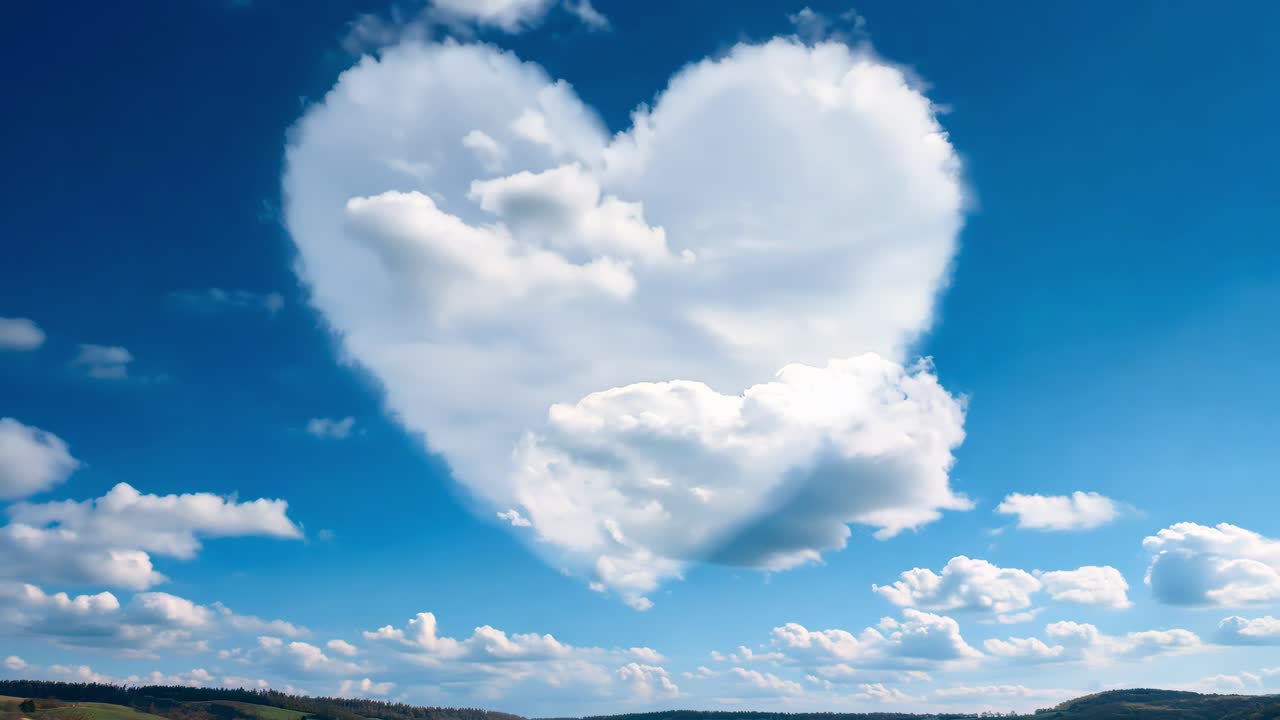 Fluffy white clouds shaping romantic heart silhouette floating lazily against azure sky, representing pure affection and tranquil landscape