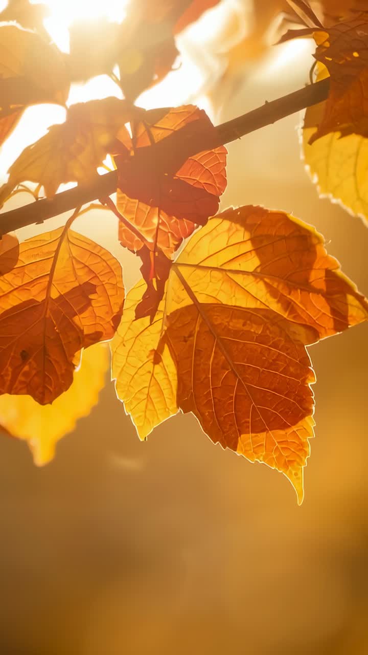 Vertical video: Shimmering and trembling autumn leaves on branch under shifting sun flare in park