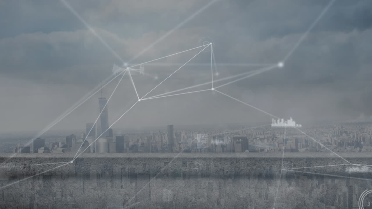 도시 풍경 위의 데이터 처리와 연결 네트워크의 애니메이션