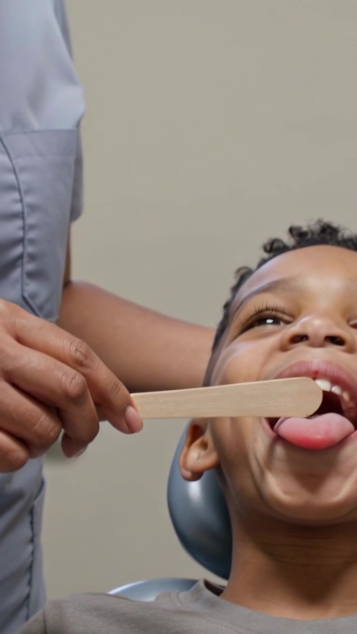 Video verticale: Medico in camice che esamina la bocca di un bambino sulla poltrona della clinica con un abbassalingua.