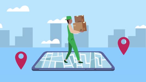 logistic service animation with worker lifting boxes in smartphone