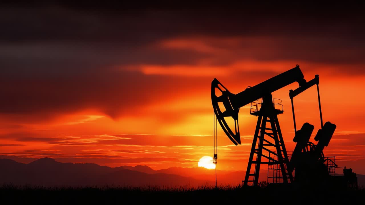 En smuk solnedgang over en olieplatform: Denne fængslende scene indfanger dualiteten mellem natur og industri, som dagen går på hæld.