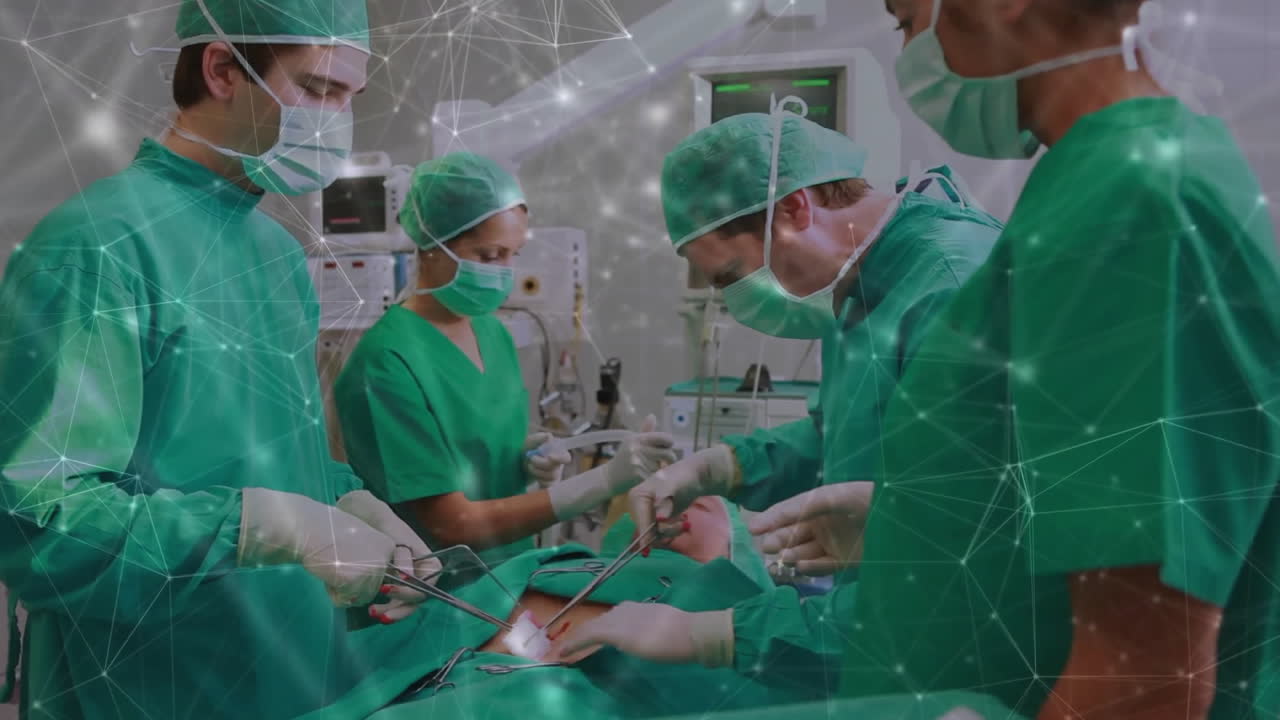 Performing surgery, surgeons with network connections animation in hospital setting