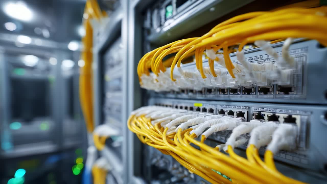 Detailed View of Server Rack with Network Cables and Switches, Showcasing a Modern Data Center Environment Filled with Connectivity and Technology