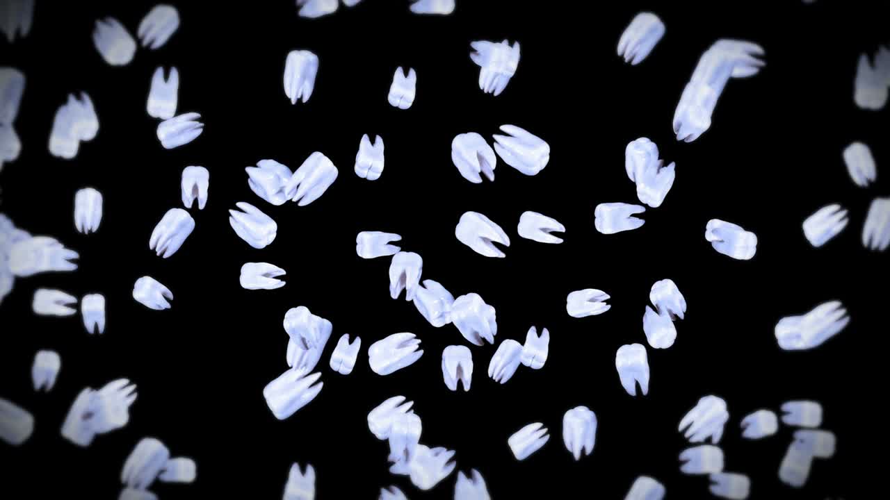 검은색 바탕에 많은  이빨을 날아다니며, 치과 관리 개념, 치아 회전의 3d 애니메이션, 루프 애니메이션.