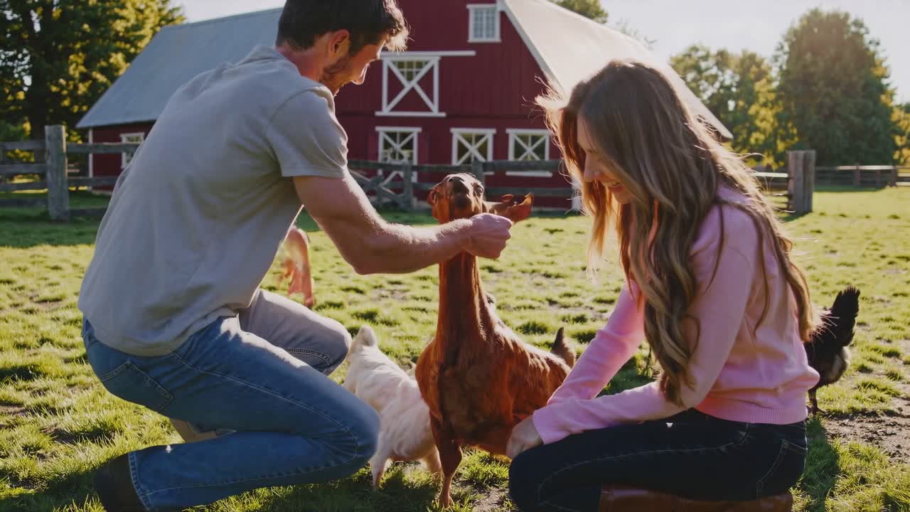 Couple Interacting with Farm Animals