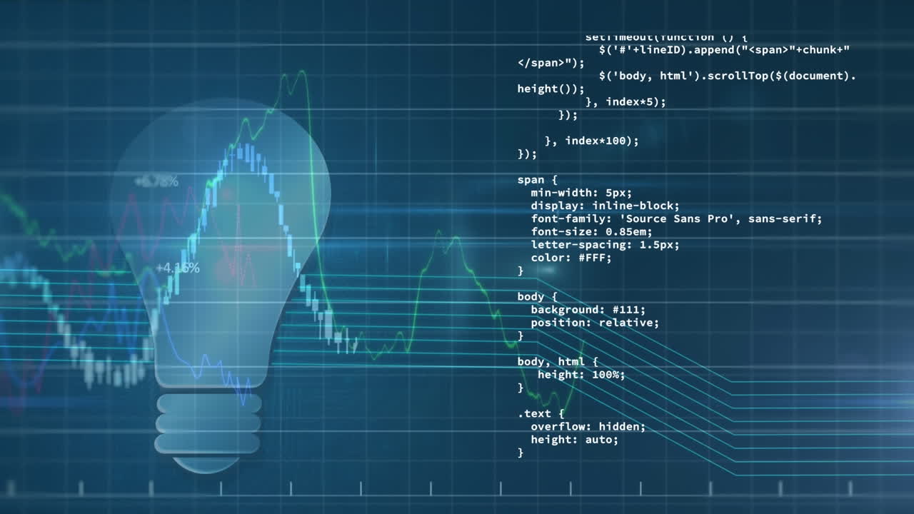 Animation of data processing over lightbulb icon on blue background