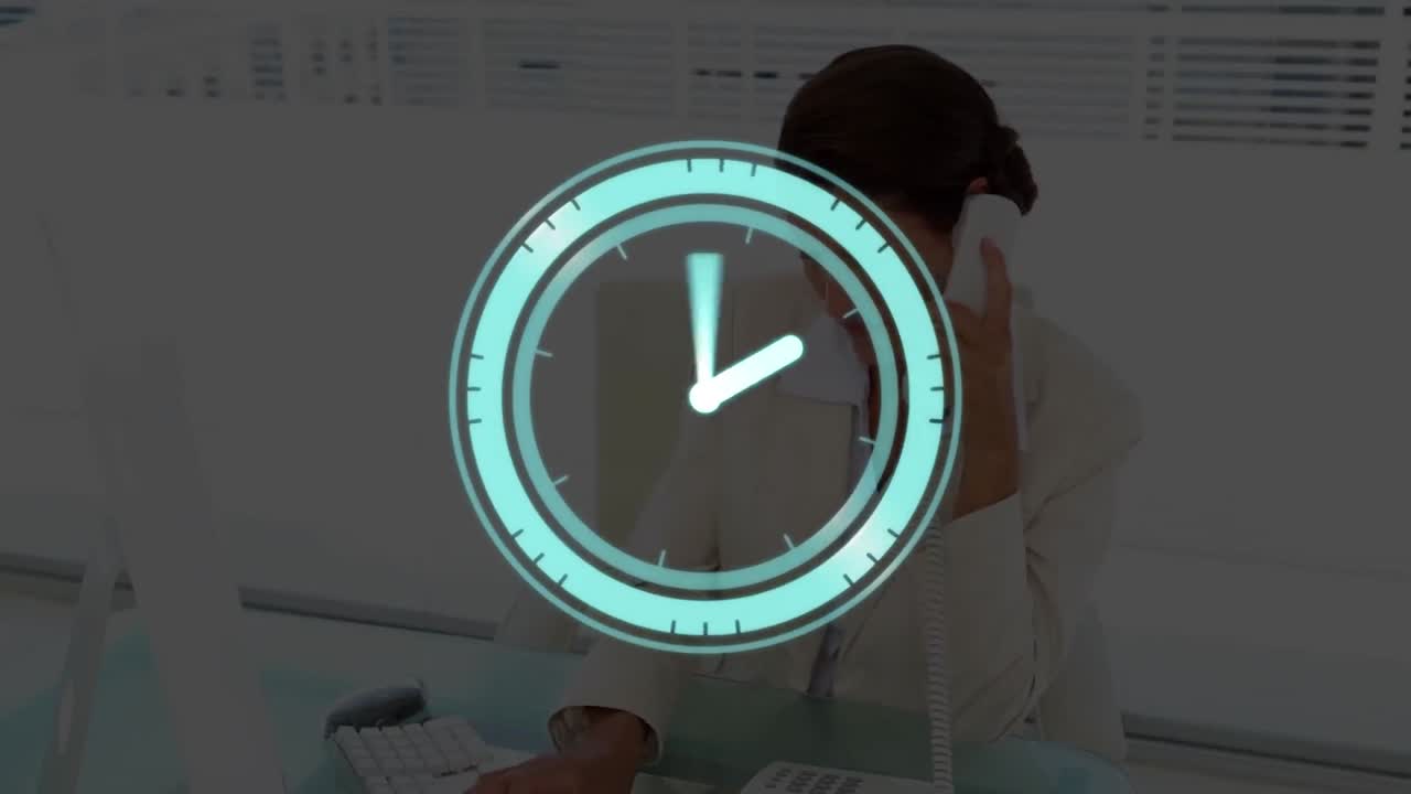 Animation of digital clock over caucasian woman talking on phone and working on computer in office