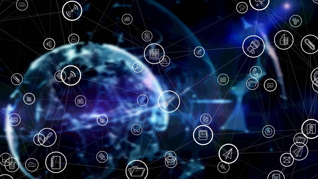 animación de iconos conectados sobre puntos conectados y globo contra fondo negro