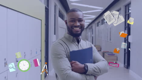 animation of school icons over smiling african american male teacher in school corridor