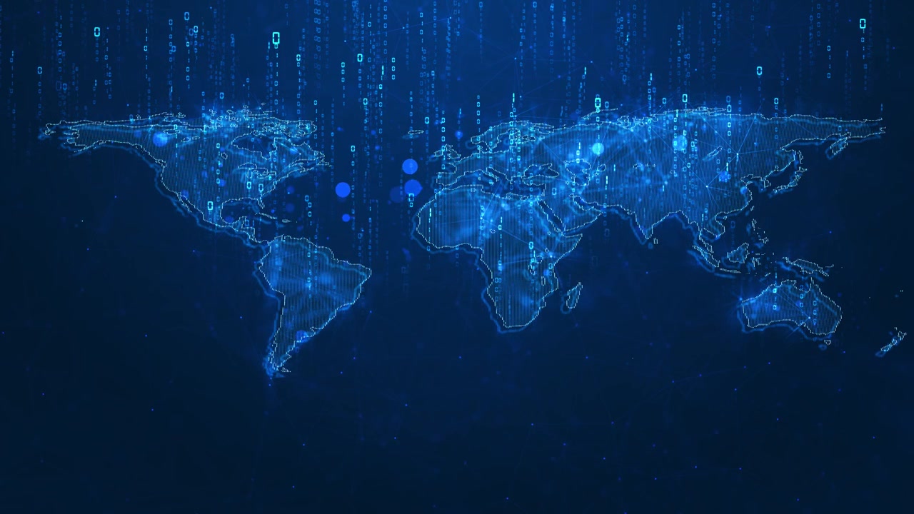 Global binary network map background with blue world outlines falling code columns and connected