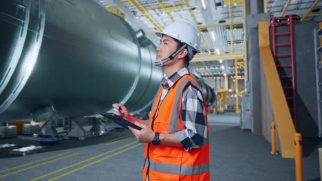 vista lateral de un ingeniero masculino asiático con casco de seguridad de pie en una fábrica de fabricación de tubos. tomando nota en la tableta y mirando a su alrededor