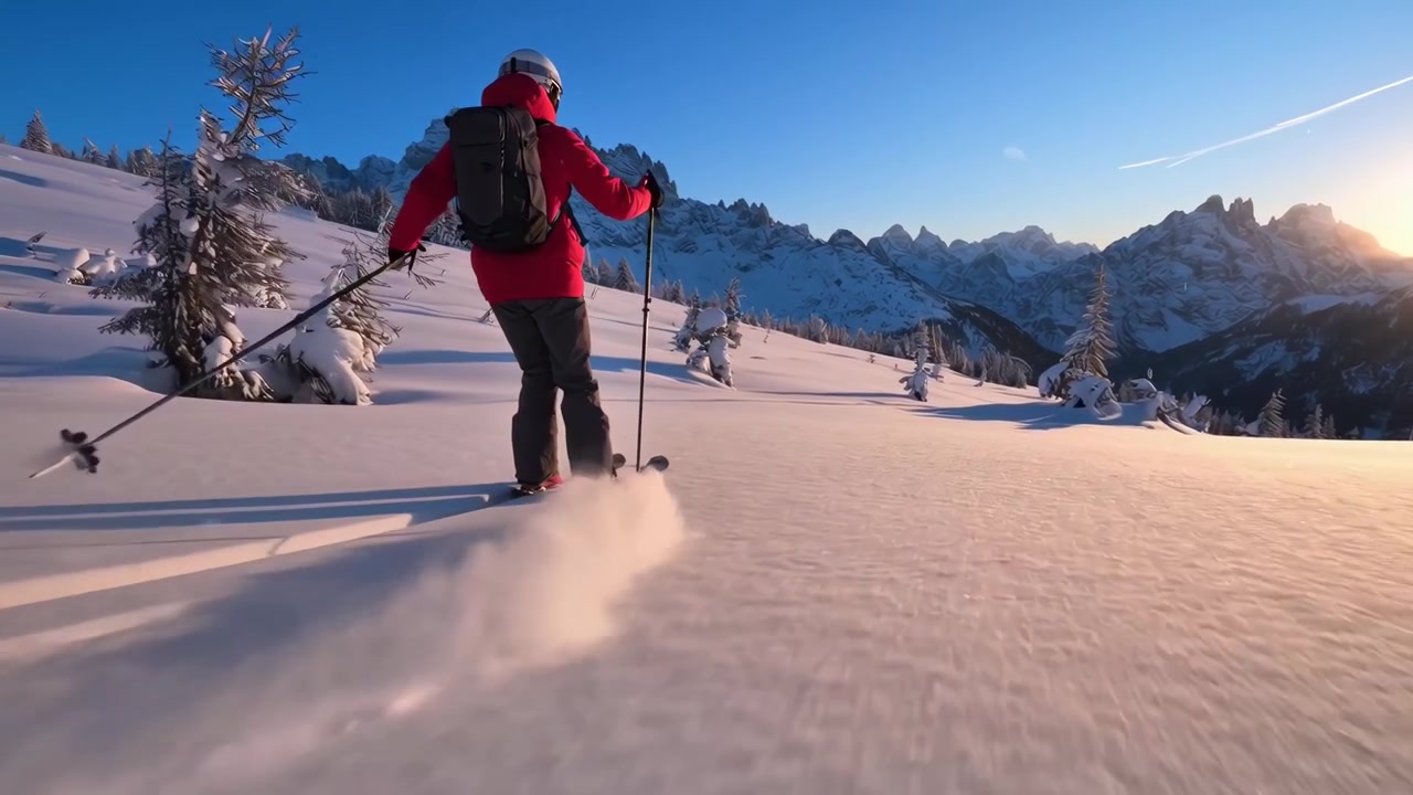 Sciatore che si gode la neve fresca e polverosa in un paesaggio montano soleggiato