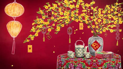 tết holiday - vietnamese new year 2d animation background featuring rich red hues, stunning hoa mai blossoms (apricot blossoms), bánh mứt treats (sweet treats), and gracefully falling petals.